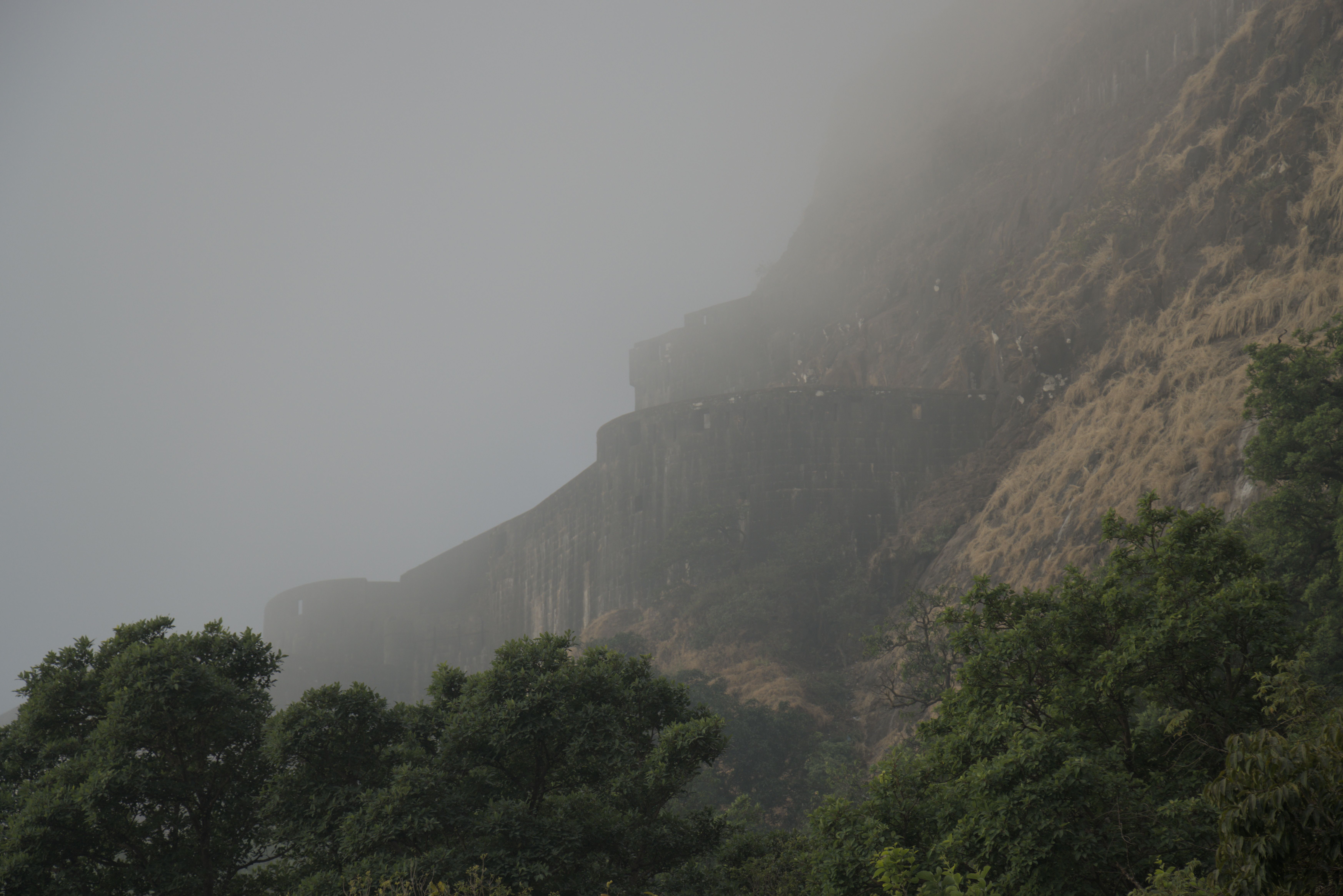 Foggy Lohagad Fort near Pune India.